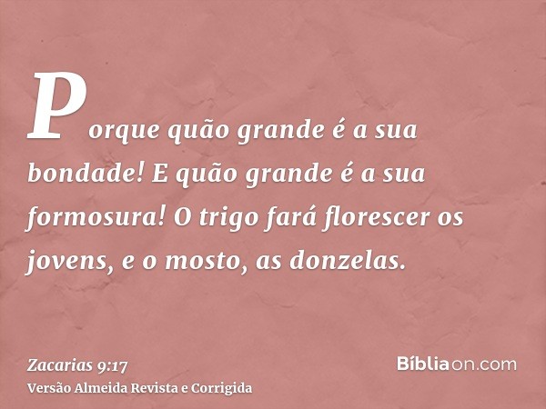 Porque quão grande é a sua bondade! E quão grande é a sua formosura! O trigo fará florescer os jovens, e o mosto, as donzelas.